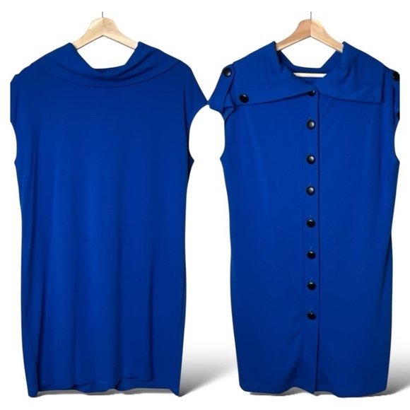 JOSEPH RIBKOFF Blue Jersey Knit Cowl Neck Mini Dress / Tunic Back Buttons Sz 14 - Picture 1 of 8